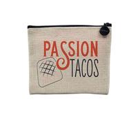 Pochette en Lin - Passion Tacos Street Food O'Tacos French - Trousse Maquillage en Toile Aspect Lin - Porte Monnaie - 15 x10 cm
