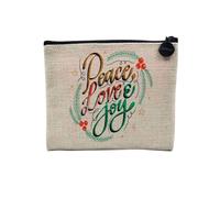 Pochette en Lin - Peace Love and Joy Noel Houx Célébration Sapin - Trousse Maquillage en Toile Aspect Lin - Porte Monnaie - 15 x10 cm