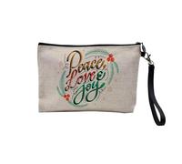 Pochette en Lin - Peace Love and Joy Noel Houx Célébration Sapin - Trousse Maquillage en Toile Aspect Lin - Trousse de Toilette - 23,5 x15 cm