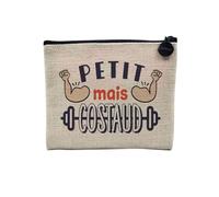 Pochette en Lin - Petit mais Costaud Haltères Muscu Workout - Trousse Maquillage en Toile Aspect Lin - Porte Monnaie - 15 x10 cm