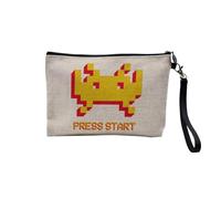 Pochette en Lin - Press Start Invaders Jeux Video Retro Gaming Classique - Trousse Maquillage en Toile Aspect Lin - Trousse de Toilette - 23,5 x15 cm