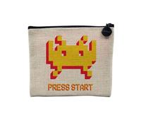 Pochette en Lin - Press Start Invaders Jeux Video Retro Gaming Classique - Trousse Maquillage en Toile Aspect Lin - Porte Monnaie - 15 x10 cm