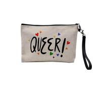 Pochette en Lin - Queer Coeur LGBT Pride Arc en Ciel - Trousse Maquillage en Toile Aspect Lin - Trousse de Toilette - 23,5 x15 cm