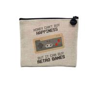 Pochette en Lin - Retro Games - Money Can't Buy Happiness - Trousse Maquillage en Toile Aspect Lin - Porte Monnaie - 15 x10 cm