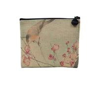 Pochette en Lin - Sakura et Oiseau Estampe Japonaise Illustration Traditionel Art Motif - Trousse Maquillage en Toile Aspect Lin - Porte Monnaie - 15 x10 cm