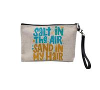 Pochette en Lin - Salt in The Air Sand in My Hair Vacances Plage Mer - Trousse Maquillage en Toile Aspect Lin - Trousse de Toilette - 23,5 x15 cm