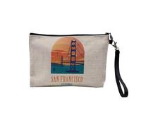 Pochette en Lin - San Francisco California Pont Golden Gate Illustration Etats Unis - Trousse Maquillage en Toile Aspect Lin - Trousse de Toilette - 23,5 x15 cm