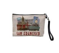 Pochette en Lin - San Francisco Vintage Voyage Etats-Unis Carte Postale - Trousse Maquillage en Toile Aspect Lin - Trousse de Toilette - 23,5 x15 cm