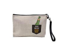 Pochette en Lin - Save Water Drink Beer Poche Suprise Illustration - Trousse Maquillage en Toile Aspect Lin - Trousse de Toilette - 23,5 x15 cm