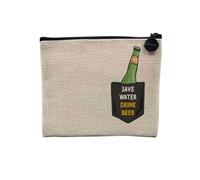 Pochette en Lin - Save Water Drink Beer Poche Suprise Illustration - Trousse Maquillage en Toile Aspect Lin - Porte Monnaie - 15 x10 cm