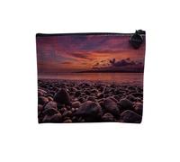 Pochette en Lin - Soleil Couchant sur Une Plage de Galets Mer Ocean - Trousse Maquillage en Toile Aspect Lin - Porte Monnaie - 15 x10 cm