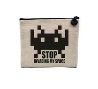 Pochette en Lin - Stop Invading My Space Parodie Jeux Video Retro Gaming Arcade - Trousse Maquillage en Toile Aspect Lin - Porte Monnaie - 15 x10 cm