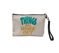 Pochette en Lin - Things Will Work Out Typographie Message Santé Mentale Self Care Bien Etre - Trousse Maquillage en Toile Aspect Lin - Trousse de Toilette - 23,5 x15 cm