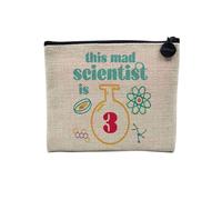 Pochette en Lin - This Mad Scientist is 3 Anniversaire Celebration Cadeau Anglais Science Theme - Trousse Maquillage en Toile Aspect Lin - Porte Monnaie - 15 x10 cm