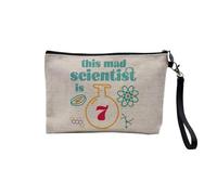 Pochette en Lin - This Mad Scientist is 7 Anniversaire Celebration Cadeau Anglais Science Theme - Trousse Maquillage en Toile Aspect Lin - Trousse de Toilette - 23,5 x15 cm