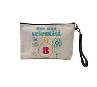 Pochette en Lin - This Mad Scientist is 8 Anniversaire Celebration Cadeau Anglais Science Theme - Trousse Maquillage en Toile Aspect Lin - Trousse de Toilette - 23,5 x15 cm