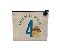 Pochette en Lin - This Wild One is 4 Celebration Birthday Party Gift Safari Animals - Trousse Maquillage en Toile Aspect Lin - Porte Monnaie - 15 x10 cm