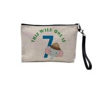 Pochette en Lin - This Wild One is 7 Celebration Birthday Party Gift Safari Animals - Trousse Maquillage en Toile Aspect Lin - Trousse de Toilette - 23,5 x15 cm