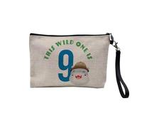 Pochette en Lin - This Wild One is 9 Celebration Birthday Party Gift Safari Animals - Trousse Maquillage en Toile Aspect Lin - Trousse de Toilette - 23,5 x15 cm