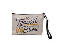 Pochette en Lin - Tout Travail mérite sa Bière Humour Alcool - Trousse Maquillage en Toile Aspect Lin - Trousse de Toilette - 23,5 x15 cm