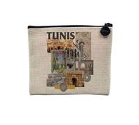 Pochette en Lin - Tunis Vintage Collage Tunisie Voyage Vintage - Trousse Maquillage en Toile Aspect Lin - Porte Monnaie - 15 x10 cm