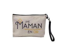 Pochette en Lin - Une Maman en Or Amour Famille Mère - Trousse Maquillage en Toile Aspect Lin - Trousse de Toilette - 23,5 x15 cm