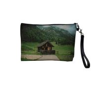 Pochette en Lin - Vieux Cabanon Église au Pied de la Montagne Recouverte de Forêt - Trousse Maquillage en Toile Aspect Lin - Trousse de Toilette - 23,5 x15 cm