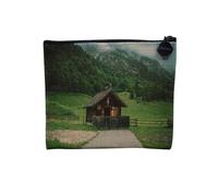 Pochette en Lin - Vieux Cabanon Église au Pied de la Montagne Recouverte de Forêt - Trousse Maquillage en Toile Aspect Lin - Porte Monnaie - 15 x10 cm