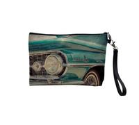 Pochette en Lin - Voiture Americane Verte Vintage 1950 50's - Trousse Maquillage en Toile Aspect Lin - Trousse de Toilette - 23,5 x15 cm