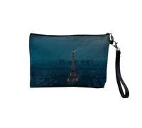 Pochette en Lin - Vue Aérienne de la Tour Eiffel Illuminee Vue De Paris France - Trousse Maquillage en Toile Aspect Lin - Trousse de Toilette - 23,5 x15 cm