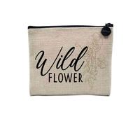 Pochette en Lin - Wild Flower Plants Meadow Gardening Nature Boho - Trousse Maquillage en Toile Aspect Lin - Porte Monnaie - 15 x10 cm