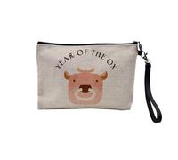 Pochette en Lin - Year of The Ox Chinese Astrology Sign Zodiac Animal Horoscope Drawing - Trousse Maquillage en Toile Aspect Lin - Trousse de Toilette - 23,5 x15 cm