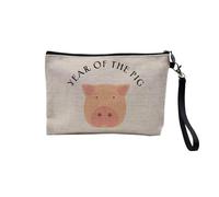 Pochette en Lin - Year of The Pig Sign Chinese Astrology Zodiac Animal Horoscope Drawing - Trousse Maquillage en Toile Aspect Lin - Trousse de Toilette - 23,5 x15 cm
