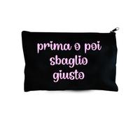 Pochette, étui pour femme en toile, noir avec inscription tôt ou tard erreur juste, 21 x 13 cm
