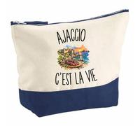 Pochette Grand Format Ajaccio c’est la Vie | Coton Bicolore 5 L 33 × 23 cm Zip Métal | Trousse de Toilette Vanity Maquillage Voyage | Cadeau Ajaccien Ajaccienne Femme Anniversaire