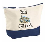Pochette Grand Format Brest c’est la Vie | Coton Bicolore 5 L 33 × 23 cm Zip Métal | Trousse de Toilette Vanity Maquillage Voyage | Cadeau Brestois Brestoise Femme Anniversaire