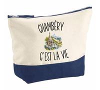 Pochette Grand Format Chambéry c’est la Vie | Coton Bicolore 5 L 33 × 23 cm Zip Métal | Trousse de Toilette Vanity Maquillage Voyage | Cadeau Chambérien Chambérienne Femme Anniversaire