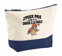 Pochette Grand Format Chasse à la Caille J'peux Pas | Coton Bicolore 5 L 33 × 23 cm Zip Métal | Trousse de Toilette Vanity Maquillage Voyage | Idée Cadeau Chasseur Chasseuse Noël Départ
