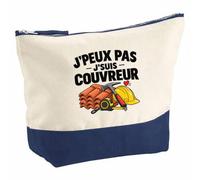 Pochette Grand Format Couvreur J'peux Pas | Coton Bicolore 5 L 33 × 23 cm Zip Métal | Trousse de Toilette Vanity Maquillage Voyage | Idée Cadeau Toiture Noël Départ