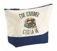Pochette Grand Format Être couturier C'est la Vie | Coton Bicolore 5 L 33 × 23 cm Zip Métal | Trousse de Toilette Vanity Maquillage Voyage | Cadeau Artisan Artisane Femme Anniversaire