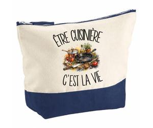 Pochette Grand Format Être cuisinière C'est la Vie | Coton Bicolore 5 L 33 × 23 cm Zip Métal | Trousse de Toilette Vanity Maquillage Voyage | Cadeau Métier de la Restauration Femme Anniversaire