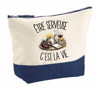 Pochette Grand Format Être Serveuse C'est la Vie | Coton Bicolore 5 L 33 × 23 cm Zip Métal | Trousse de Toilette Vanity Maquillage Voyage | Cadeau Métier de la Restauration Femme Anniversaire