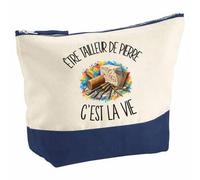 Pochette Grand Format Être Tailleur de Pierre C'est la Vie | Coton Bicolore 5 L 33 × 23 cm Zip Métal | Trousse de Toilette Vanity Maquillage Voyage | Cadeau Artisan d'art Femme Anniversaire