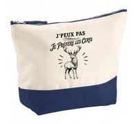 Pochette Grand Format J’Peux Pas Je préfère Les Cerfs | Coton Bicolore 5 L 33 × 23 cm Zip Métal | Trousse de Toilette Vanity Maquillage Voyage | Cadeau Femme Anniversaire