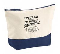 Pochette Grand Format J’Peux Pas Je préfère ma Tortue | Coton Bicolore 5 L 33 × 23 cm Zip Métal | Trousse de Toilette Vanity Maquillage Voyage | Cadeau Femme Anniversaire