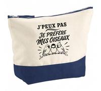 Pochette Grand Format J’Peux Pas Je préfère Mes Oiseaux | Coton Bicolore 5 L 33 × 23 cm Zip Métal | Trousse de Toilette Vanity Maquillage Voyage | Cadeau Femme Anniversaire