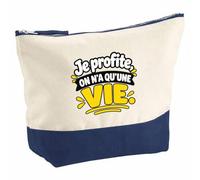 Pochette Grand Format Je Profite, on n'a qu'une Vie. Expressions Françaises | modèle 1 | Coton Bicolore 5 L 33 × 23 cm Zip Métal | Trousse de Toilette Vanity Maquillage Voyage