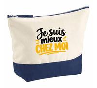 Pochette Grand Format Je suis Mieux chez Moi Expressions Françaises | Coton Bicolore 5 L 33 × 23 cm Zip Métal | Trousse de Toilette Vanity Maquillage Voyage | Idée Cadeau Noël Départ