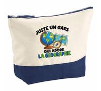 Pochette Grand Format Juste Un Gars Qui Adore la géographie | Coton Bicolore 5 L 33 × 23 cm Zip Métal | Trousse de Toilette Vanity Maquillage Voyage | Cadeau Géographe Femme Anniversaire