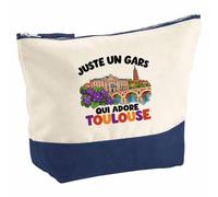 Pochette Grand Format Juste Un Gars Qui Adore Toulouse | Coton Bicolore 5 L 33 × 23 cm Zip Métal | Trousse de Toilette Vanity Maquillage Voyage | Cadeau Toulousain Femme Anniversaire